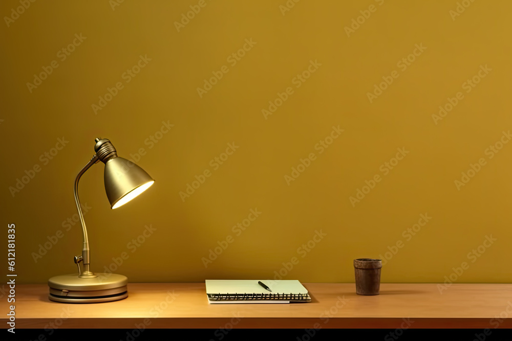 Poster lighting retro desk lamp on old wood table with space of rough cement wall in vintage color tone gen