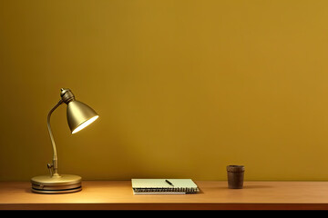 lighting retro desk lamp on old wood table with space of rough cement wall in vintage color tone Generative AI