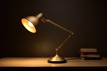 lighting retro desk lamp on old wood table with space of rough cement wall in vintage color tone Generative AI
