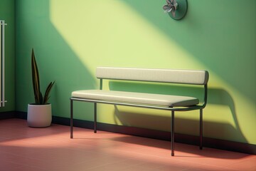 A cozy bench and pillow are located in the room's vicinity of a light green wall. Generative AI
