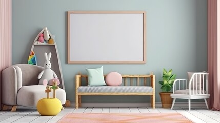 a mockup of a large board with a frame in a child's room or nursery, with pastel-colored furnishings and decor in a Scandinavian style, Generative AI