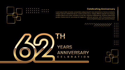 62 year anniversary template design with gold color and double line numbers, vector template