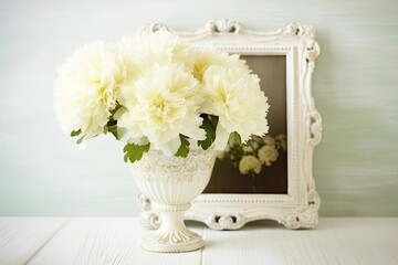 Mockup with white flowers in a vase and a white frame on a light background. Generative AI