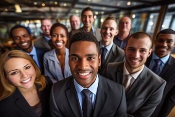 Fototapeta premium Group of businessmen and businesswomen of various nationalities standing and smiling happily.Generated with AI.