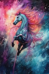 art horse in space . dreamlike background with horse . Hand Drawn Style illustration - obrazy, fototapety, plakaty