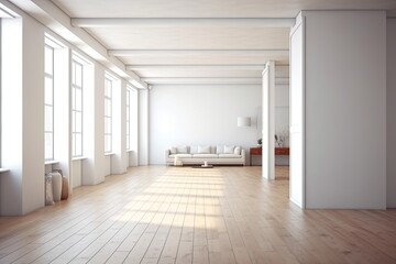 large, white living space. interior design, a wooden floor, and an empty wall with space for a mock-up and copies � Generative AI