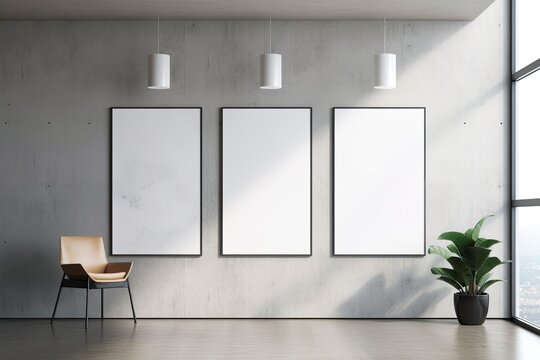 mockup of a wall-mounted, blank three-frame poster Generative AI