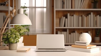 Mockup laptop: A stylish home or studio office with a laptop computer, office equipment, and books. Blank screen for collage of graphics. Generative AI