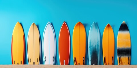 surfboards standing in tropical beach sand with ocean with generative ai