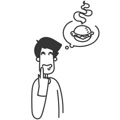 hand drawn doodle Hungry man thinking food illustration vector
