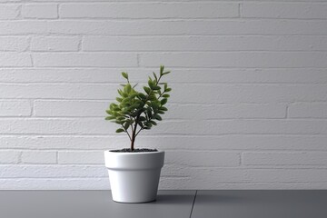 Kitchen corner with white counters, white brick, and a potted plant close to the wall. frontal view a mockup Generative AI