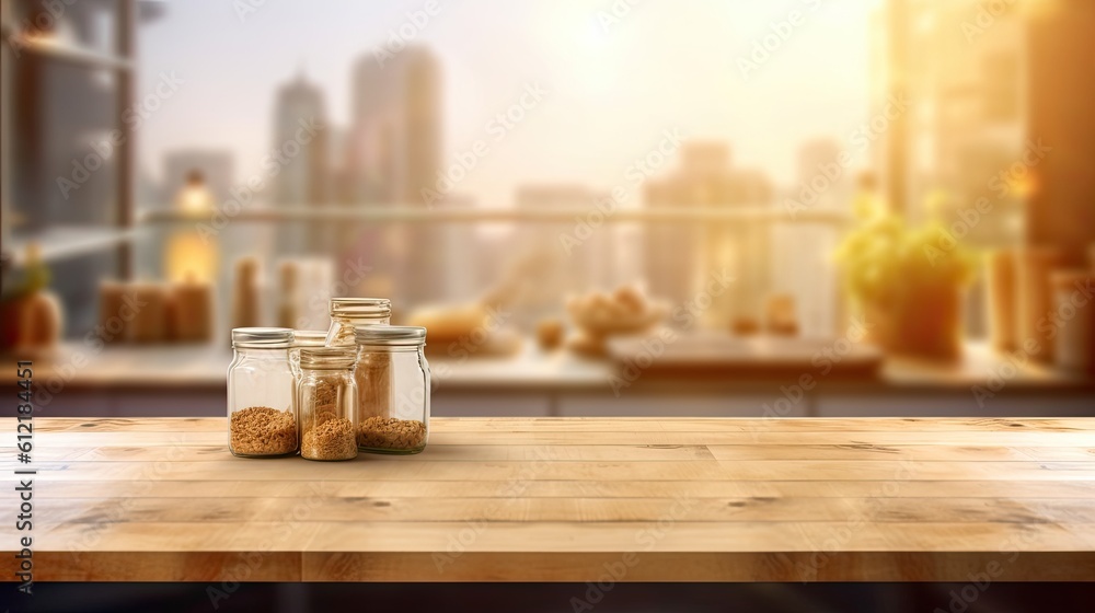 Aufkleber background with a blurred kitchen window and a wooden table for a product display generative ai