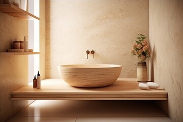 Fototapeta na wymiar Interior Mockup and Scene Bathroom in a dry location, wood construction, LED lighting in the mirror, beige stone sink. Generative AI
