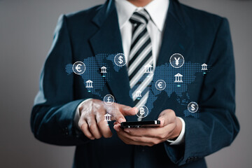 Online central bank concept. Businessmen exchanging international currency, exchange rates and foreign currency money transfers.