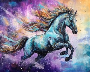 Naklejka na ściany i meble art horse in space . dreamlike background with horse . Hand Drawn Style illustration 