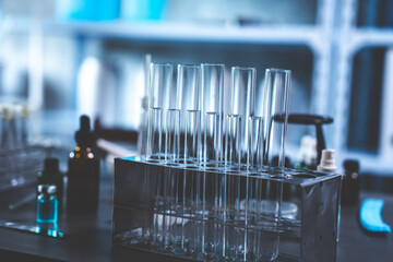 Scientific data analysis in the laboratory, Medicine and glass equipment research setting in lab for chemistry analysis, flask with lab glassware in chemical laboratory, Laboratory Research