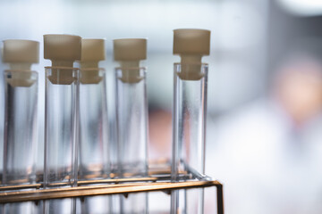 Scientific data analysis in the laboratory, Medicine and glass equipment research setting in lab for chemistry analysis, flask with lab glassware in chemical laboratory, Laboratory Research