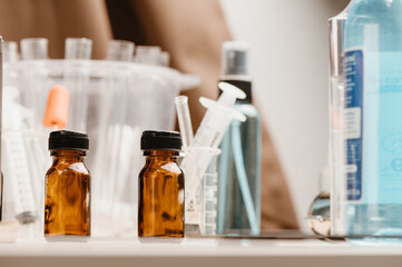 Scientific data analysis in the laboratory, Medicine and glass equipment research setting in lab for chemistry analysis, flask with lab glassware in chemical laboratory, Laboratory Research