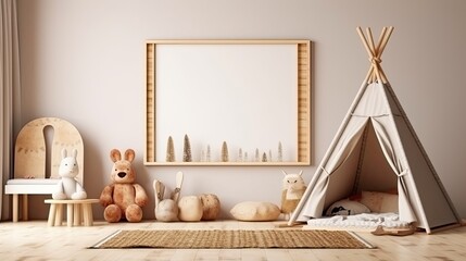 Mock-up of a frame in a child's room with toys and natural wood furnishings, Generative AI