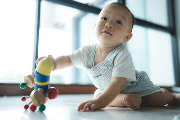 Closeup of a toddler crawling on knees at home moving towards a small toy during a bright new fresh day with large windows in background