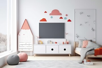 Mockup of a TV in a kids' room with a white background on a wall. Generative AI