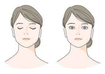 目を閉じたまとめ髪の女性と目を開けた正面アップのイラストセット