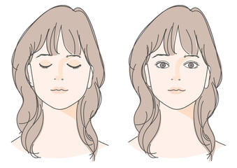 目を閉じたセミロングの女性と目を開けた女性のイラストセット 上半身顔 正面アップ バストアップ バリエーション