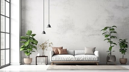Poster mockup shows a white living room with a couch. Scandinavian style in decorating. Generative AI