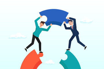 Businessmen working team connect jigsaw puzzle bridge., business teamwork and partnership help to achieve team success, think together to solve business problem, business connection concept (Vector)