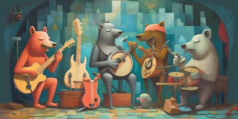 Animals playing music instruments. Cubism style. Made with Generative AI.