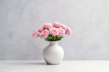 white vase holding pink roses against a white background Generative AI
