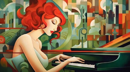 Read haired woman playing piano. Cubism style. Made with Generative AI.