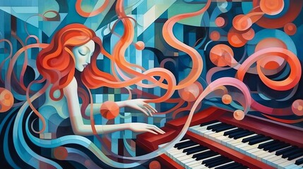 Fototapeta premium Read haired woman playing piano. Cubism style. Made with Generative AI.