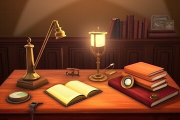 Fototapeta premium Stylish desk with book, poster, and gadget. Desk and copy area for the workplace. Generative AI