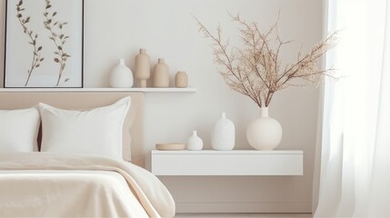 Fototapeta na wymiar White interior design, a wood table top or shelf with modern minimalist vases over a muted classic minimalist bedroom Generative AI