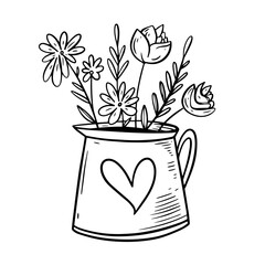 Hand drawn line art flowers in vase. Vector art illustration.