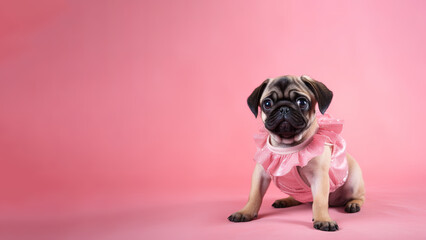 Pug dog on pink background with copy space (Generative AI)