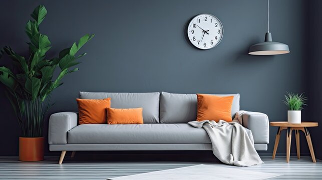 Sofa, clock, potted plant, and blazing light against a gray wall in a living room or workplace. Modern furnishings, modern interior design, minimalism, and apartment-style blogs Generative AI