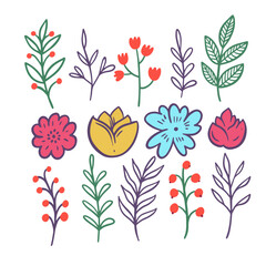 Abstract botanical branch set colorful flat art vector illustration.