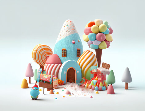 Colorful candy town  village landscape with confectionery and ice cream twirls on ginger bread and cookie houses decorated with candy against lollipop