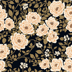 Floral Seamless Pattern of White Flowers and Khaki Green Leaves on Black Background in a Chinoiserie Style. Hand Drawn Art. Wallpaper Design for Textiles, Papers, Prints, Fashion, Beauty Products.