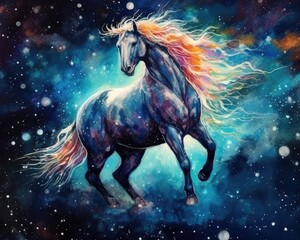 Obraz na płótnie Canvas art horse in space . dreamlike background with horse . Hand Drawn Style illustration 