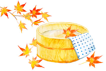 赤いもみじが浮かぶお湯の入った桶の水彩イラスト © きだ