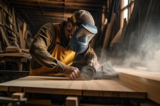 Carpenter working in his carpentry workshop. Confident young male carpenter in protective mask and working with wood in his workshop