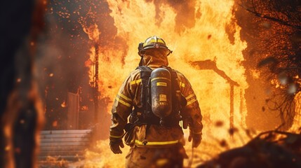 Fototapeta premium back view dramatic firefighters in the flames