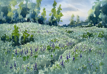 A flowering meadow summer landscape watercolor background - 612188239