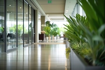 Defocus Office plant and glass wall in the lobby area. Generative AI
