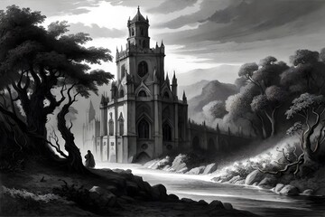 church in the woods using created using AI Generative Technology