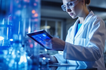 Biomedical Research, Health Technology, Healthcare, and Medicine Concept. Scientist using a digital tablet, analyzing chemical elements in a hospital laboratory with medical icons and microbiology Ai