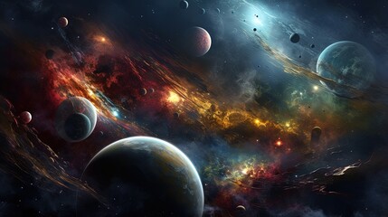 Obraz na płótnie Canvas Vibrant Space Wallpaper showcasing a planetary system with multiple colorful and exotic worlds generative ai